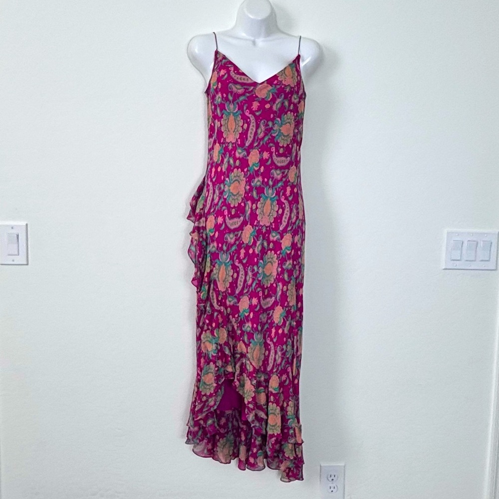 Vintage Y2K Ralph Lauren 100% Silk Ruffle Midi Dress Fairy Whimsical Size 6